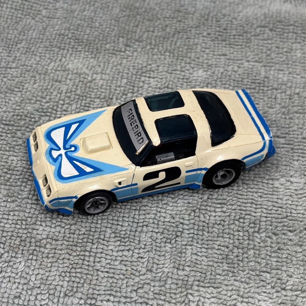 Vtg Aurora AFX G-Plus Pontiac Firebird Slot Car White Blue Number 2